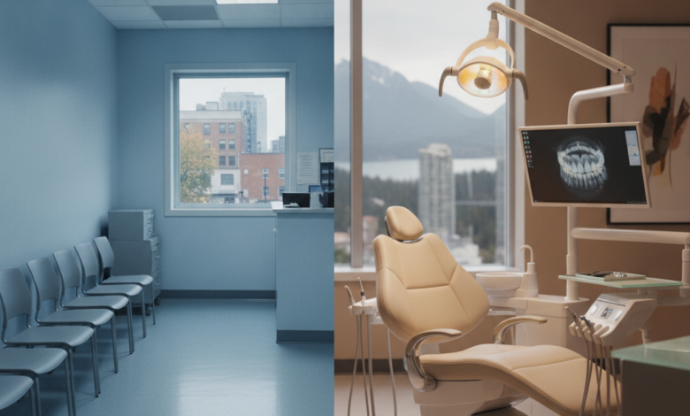 A conceptual, split photorealistic image showing two distinct dental care environments in Canada. The left side depicts a more institutional, functional clinic setting representing public dental care, while the right side shows a modern, comfortable, and technologically advanced dental treatment room representing private dental care. A blurred Canadian city outline or landscape is subtly visible in the background, grounding the image in its geographical context. The image conveys the choice and differences between these two systems.