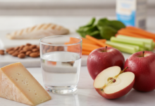 A close-up, photorealistic shot of various healthy foods on a light countertop. In focus are a block of cheese, a glass of water, and a red apple. In the soft background, almonds, green leafy spinach, and chopped carrots and celery are visible, representing a diet for strong teeth and gums.