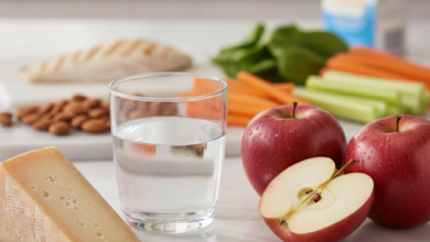 A close-up, photorealistic shot of various healthy foods on a light countertop. In focus are a block of cheese, a glass of water, and a red apple. In the soft background, almonds, green leafy spinach, and chopped carrots and celery are visible, representing a diet for strong teeth and gums.