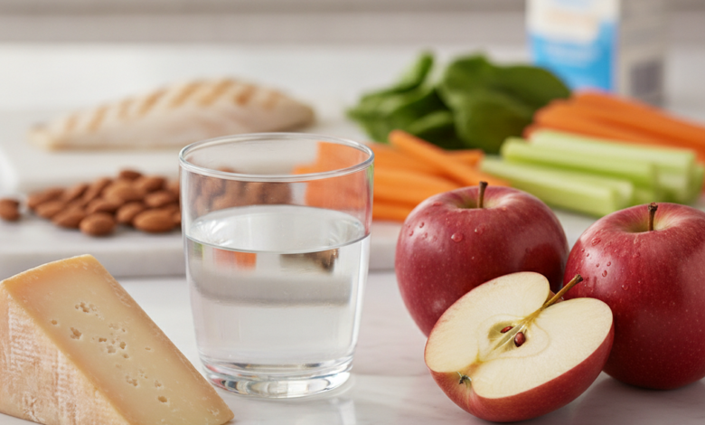 A close-up, photorealistic shot of various healthy foods on a light countertop. In focus are a block of cheese, a glass of water, and a red apple. In the soft background, almonds, green leafy spinach, and chopped carrots and celery are visible, representing a diet for strong teeth and gums.