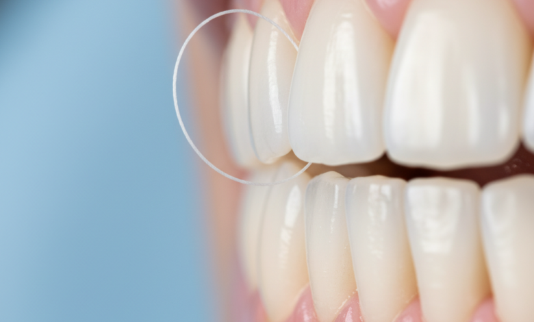 Close-up of dental floss carefully cleaning between two healthy, white teeth near pink gums in a clean, blurred environment, emphasizing good oral hygiene.
