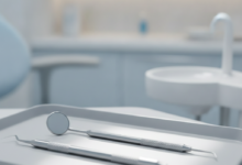 Close-up of shiny, sterile dental instruments like a mirror and scaler on a light-colored tray, set in a brightly lit, modern dental clinic with a softly blurred background, symbolizing professional dental care and hygiene.