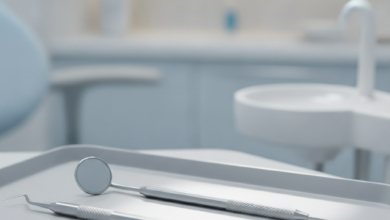 Close-up of shiny, sterile dental instruments like a mirror and scaler on a light-colored tray, set in a brightly lit, modern dental clinic with a softly blurred background, symbolizing professional dental care and hygiene.