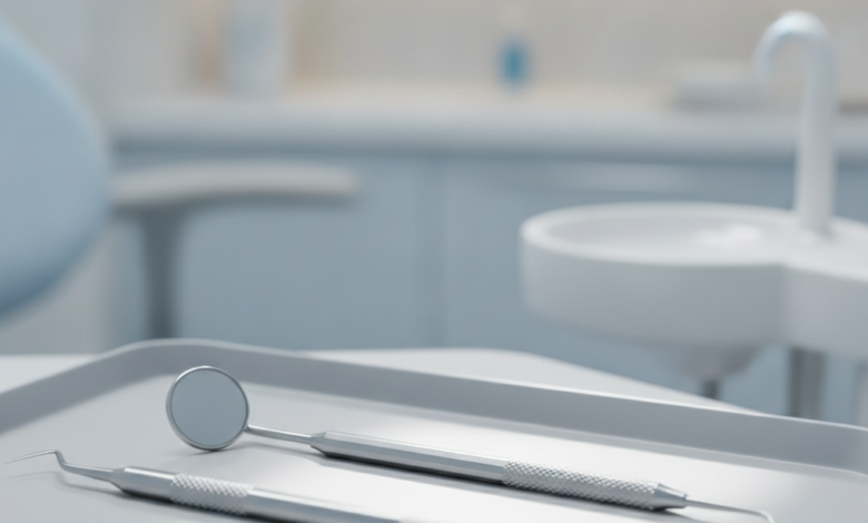 Close-up of shiny, sterile dental instruments like a mirror and scaler on a light-colored tray, set in a brightly lit, modern dental clinic with a softly blurred background, symbolizing professional dental care and hygiene.