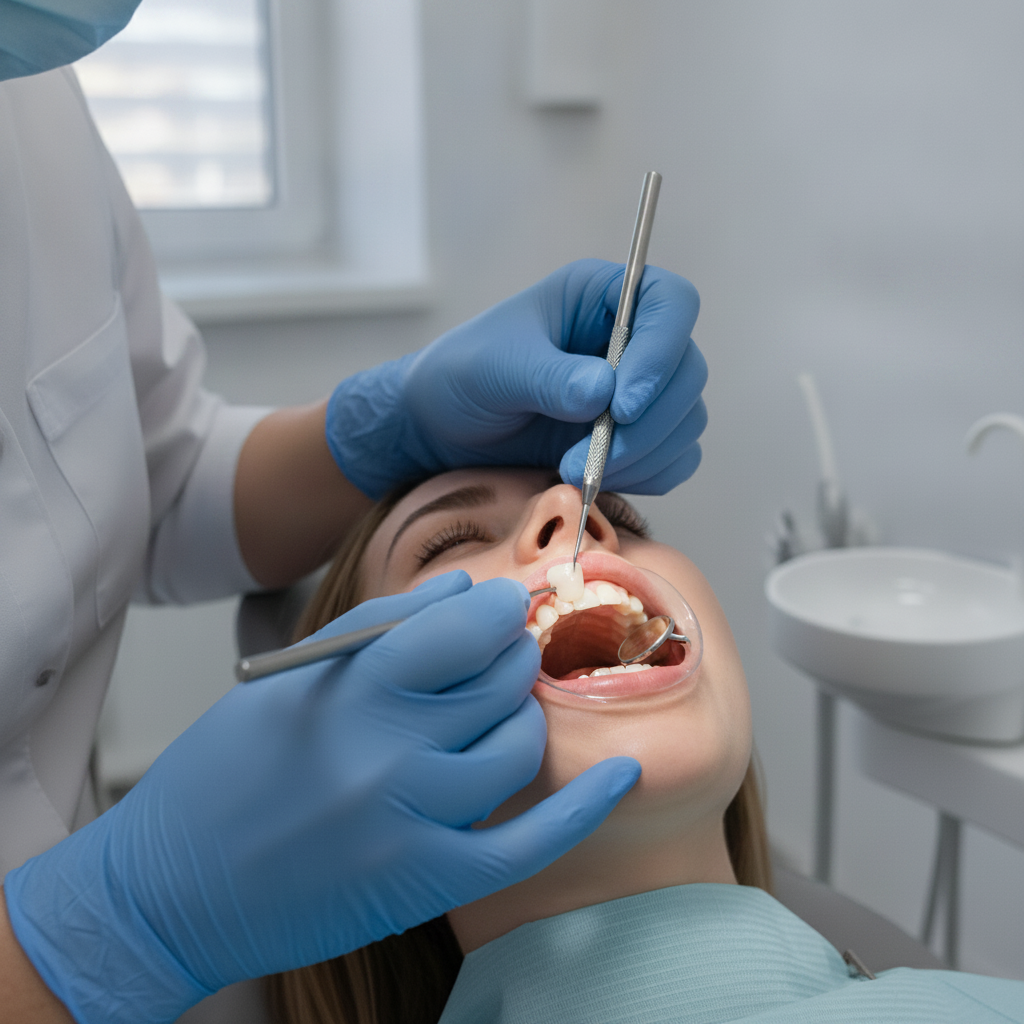 Dental veneer application procedure by dentist What to Know Before Getting Veneers, a dentist carefully performs a step of the veneer bonding process.