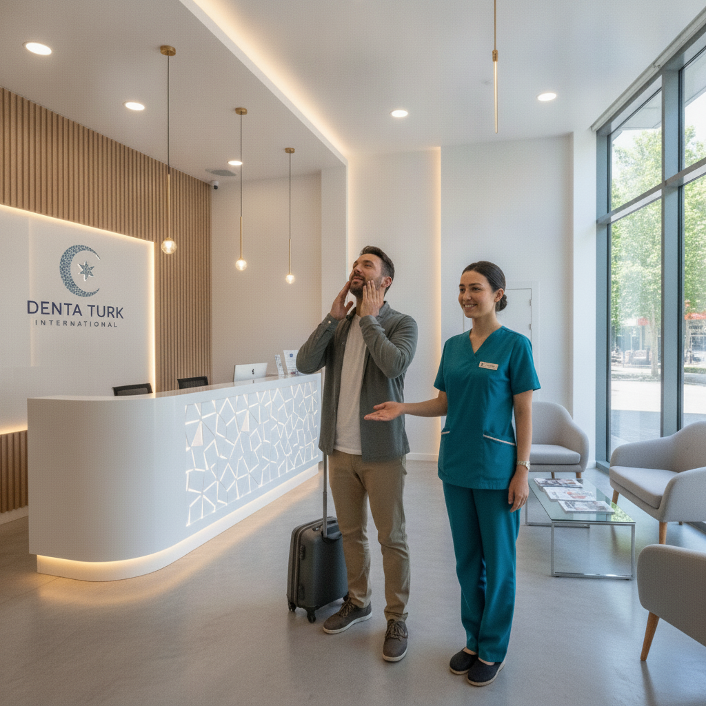 Patient's first welcome at dental clinic Dental Treatment Journey for International Patients, arriving for their initial welcome and comprehensive clinic consultation