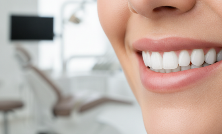 Close-up of a person with a bright, healthy, and confident smile, suggesting successful dental implant treatment. The background is a blurred, clean, and modern dental office interior.