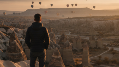 A person stands on a viewpoint overlooking the unique 'fairy chimney' rock formations of Cappadocia, Turkey, at sunrise. Colorful hot air balloons are visible in the distant sky. The scene evokes a sense of travel, adventure, and well-being.