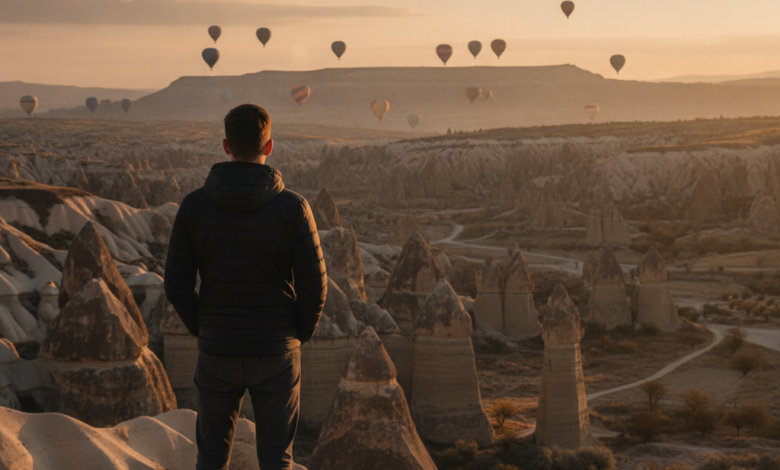 A person stands on a viewpoint overlooking the unique 'fairy chimney' rock formations of Cappadocia, Turkey, at sunrise. Colorful hot air balloons are visible in the distant sky. The scene evokes a sense of travel, adventure, and well-being.