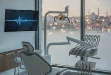 A pristine, modern dental clinic examination room, featuring an advanced dental chair and sterile equipment. Through a large window, a blurred but recognizable Turkish cityscape with minarets is visible in the background, symbolizing dental tourism.