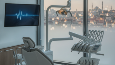 A pristine, modern dental clinic examination room, featuring an advanced dental chair and sterile equipment. Through a large window, a blurred but recognizable Turkish cityscape with minarets is visible in the background, symbolizing dental tourism.