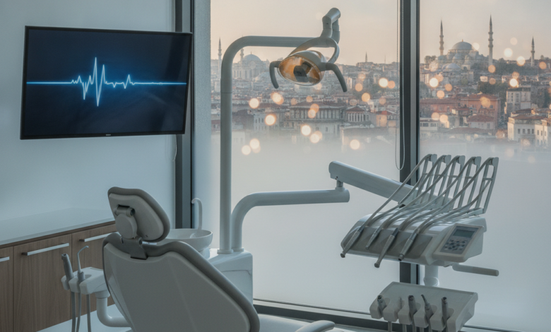 A pristine, modern dental clinic examination room, featuring an advanced dental chair and sterile equipment. Through a large window, a blurred but recognizable Turkish cityscape with minarets is visible in the background, symbolizing dental tourism.