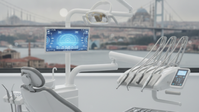 A modern, sterile dental chair and advanced dental equipment in sharp focus in the foreground, with a blurred backdrop of an iconic Turkish cityscape featuring domes, minarets, and a bridge over water, representing international dental tourism.