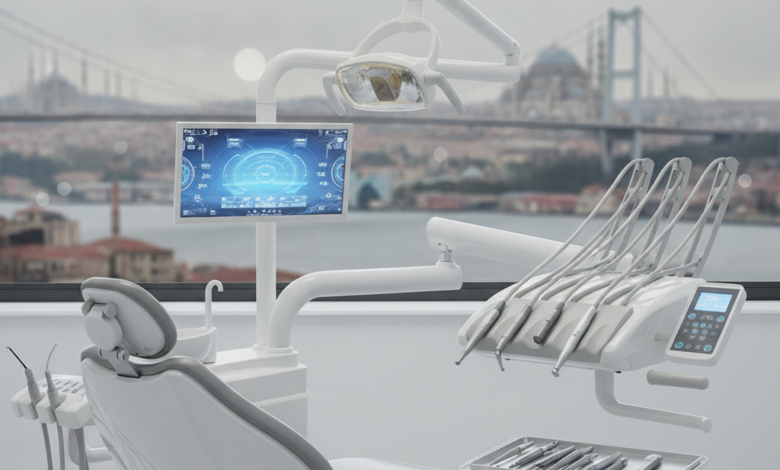A modern, sterile dental chair and advanced dental equipment in sharp focus in the foreground, with a blurred backdrop of an iconic Turkish cityscape featuring domes, minarets, and a bridge over water, representing international dental tourism.