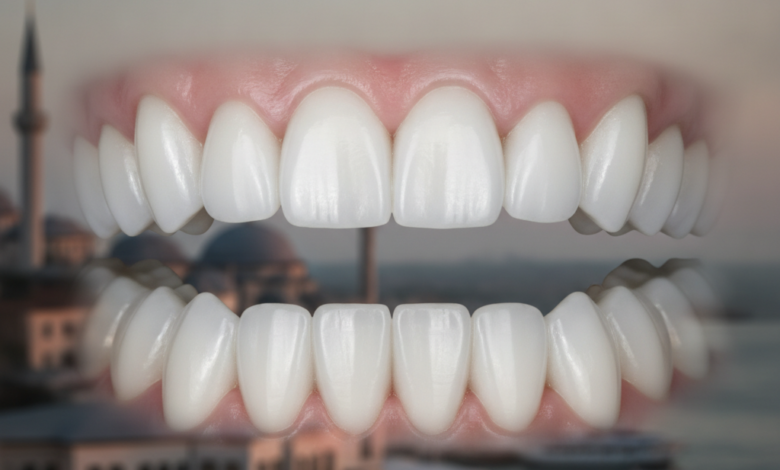 A close-up, photorealistic image of perfectly white, uniform teeth in sharp focus, with a blurred silhouette of a Turkish cityscape in the background, symbolizing dental tourism and cosmetic smile makeovers.
