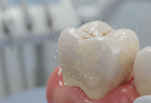 A detailed, close-up photograph of a human molar tooth with visible yellowish plaque along the gumline and slightly inflamed, reddish gum tissue. The background is blurred, suggesting a clean dental environment. The image depicts the early stages of neglected oral hygiene.