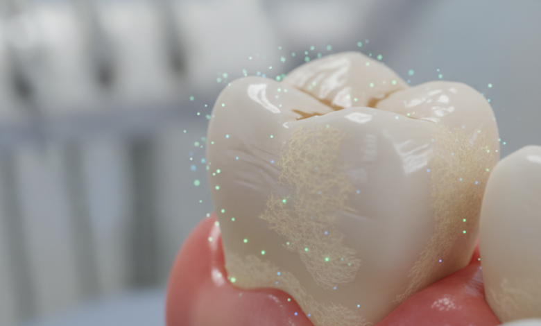 A detailed, close-up photograph of a human molar tooth with visible yellowish plaque along the gumline and slightly inflamed, reddish gum tissue. The background is blurred, suggesting a clean dental environment. The image depicts the early stages of neglected oral hygiene.