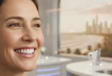 A close-up, photorealistic image of a person with a radiant, confident smile, indicating successful dental treatment. The background is softly blurred, showing subtle hints of a modern dental clinic and a distant, generic international travel location like a coastline or cityscape.