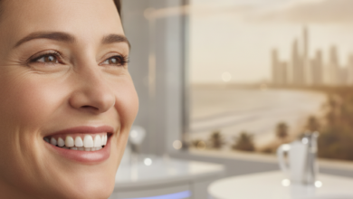 A close-up, photorealistic image of a person with a radiant, confident smile, indicating successful dental treatment. The background is softly blurred, showing subtle hints of a modern dental clinic and a distant, generic international travel location like a coastline or cityscape.
