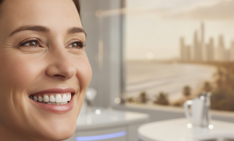 A close-up, photorealistic image of a person with a radiant, confident smile, indicating successful dental treatment. The background is softly blurred, showing subtle hints of a modern dental clinic and a distant, generic international travel location like a coastline or cityscape.