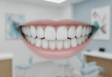Close-up photorealistic image of a perfect, bright white, healthy smile with well-aligned teeth, set against a softly blurred, modern, and clean dental clinic background. The image evokes the positive and transformative outcome of cosmetic dentistry and dental veneers, without any text.