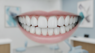 Close-up photorealistic image of a perfect, bright white, healthy smile with well-aligned teeth, set against a softly blurred, modern, and clean dental clinic background. The image evokes the positive and transformative outcome of cosmetic dentistry and dental veneers, without any text.