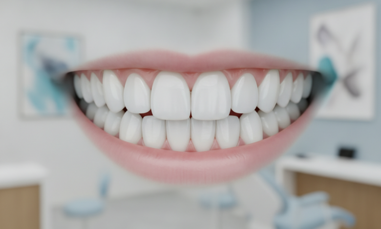 Close-up photorealistic image of a perfect, bright white, healthy smile with well-aligned teeth, set against a softly blurred, modern, and clean dental clinic background. The image evokes the positive and transformative outcome of cosmetic dentistry and dental veneers, without any text.
