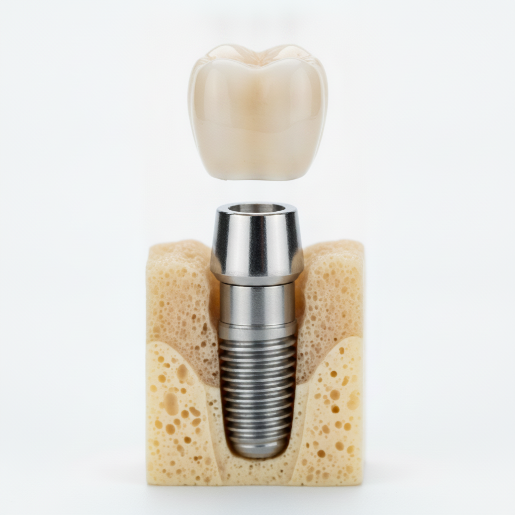 Dental implant abutment and crown assembly Best Solution for Missing Teeth, illustrating the secure abutment and custom crown attachment on a dental implant.