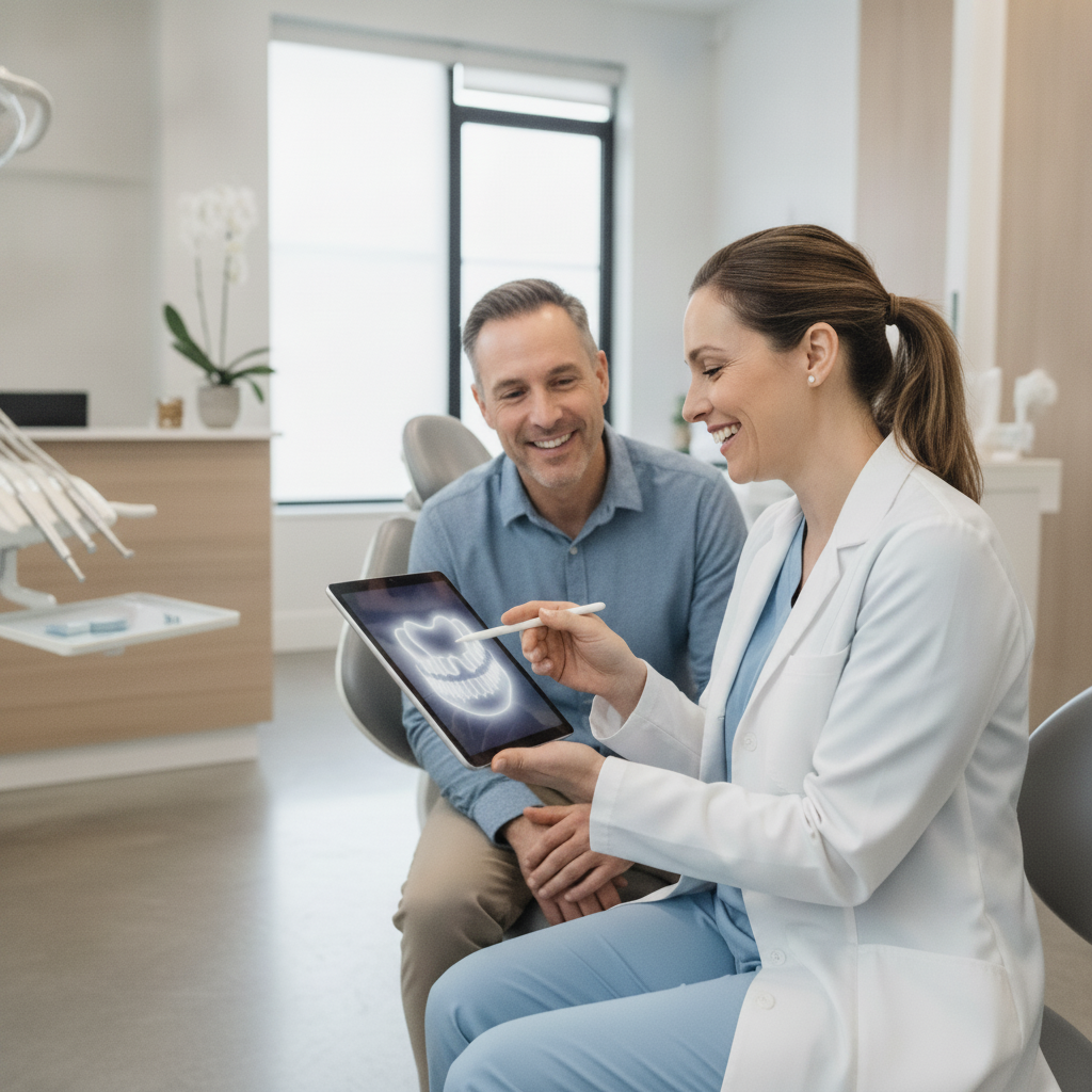 Professional dental consultation for smile transformation Smile Makeover Options for Canadians are discussed during an initial consultation at a modern dental clinic.