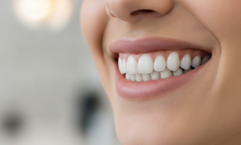 Close-up of a person smiling broadly, showing a full set of healthy, natural-looking, perfectly aligned teeth. The background is a soft, out-of-focus blur of a clean, modern dental office, conveying professionalism and successful dental restoration.