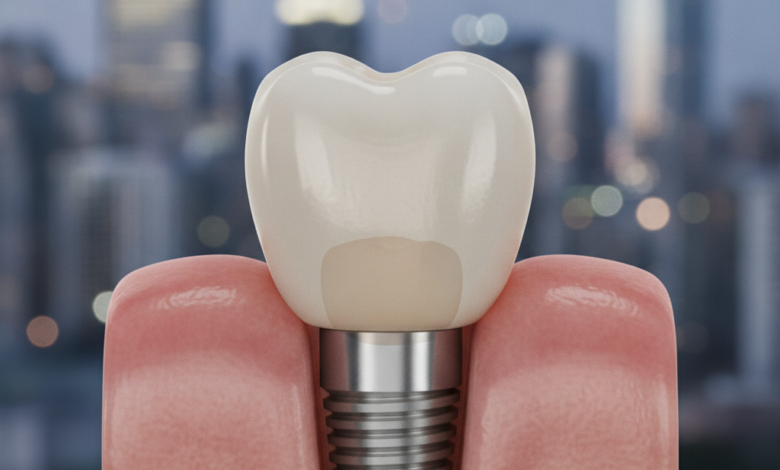 A photorealistic close-up of a natural-looking dental crown on an implant, seamlessly integrated into gum tissue, with a softly blurred modern Canadian city skyline in the background.
