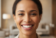 A close-up, photorealistic image of a diverse woman in her 30s genuinely smiling with naturally bright, perfectly aligned teeth, radiating confidence and happiness. The background is softly blurred, showing a warm, inviting modern interior, without any visible text.