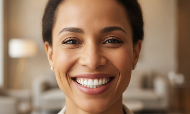 A close-up, photorealistic image of a diverse woman in her 30s genuinely smiling with naturally bright, perfectly aligned teeth, radiating confidence and happiness. The background is softly blurred, showing a warm, inviting modern interior, without any visible text.