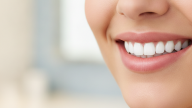 Close-up of a person with a radiant, perfect white smile and healthy, bright teeth, against a soft, blurred, clean, and modern background.