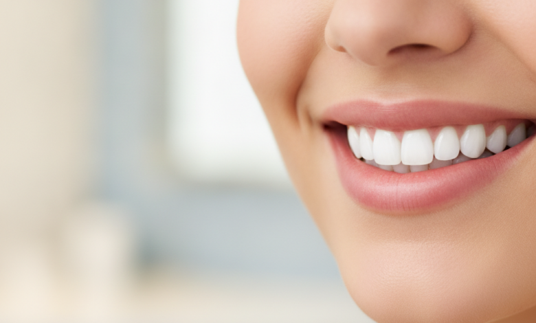 Close-up of a person with a radiant, perfect white smile and healthy, bright teeth, against a soft, blurred, clean, and modern background.