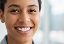 Close-up of a diverse Canadian person smiling confidently, showcasing perfectly aligned, bright white teeth and healthy gums against a softly blurred, modern background with a subtle hint of a cityscape.