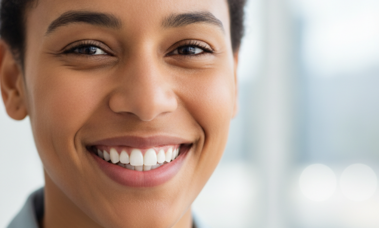 Close-up of a diverse Canadian person smiling confidently, showcasing perfectly aligned, bright white teeth and healthy gums against a softly blurred, modern background with a subtle hint of a cityscape.