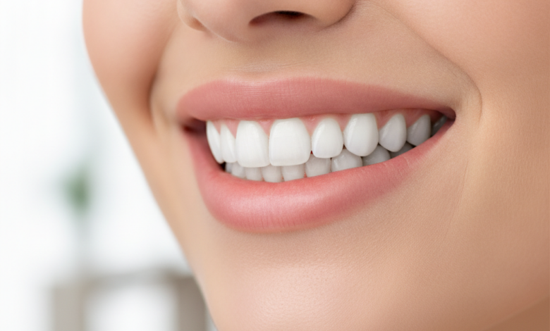 A close-up, photorealistic image of a person's mouth with perfectly white, aligned, and symmetrical teeth, representing a 'Hollywood Smile,' set against a softly blurred, clean, modern background.