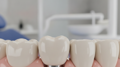 A highly detailed, close-up shot of a pristine white dental implant crown seamlessly integrated into healthy gum tissue, surrounded by natural teeth. The underlying titanium post is subtly visible through the gum, indicating its stability. The background is a soft blur of a clean, modern dental office, conveying professionalism and advanced technology.