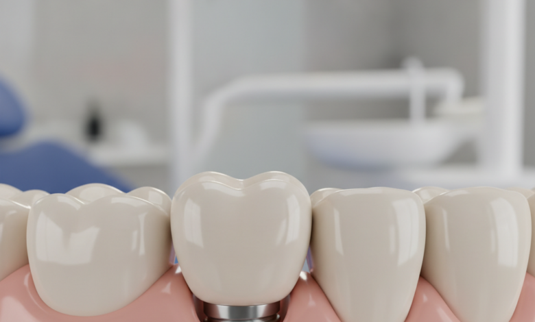 A highly detailed, close-up shot of a pristine white dental implant crown seamlessly integrated into healthy gum tissue, surrounded by natural teeth. The underlying titanium post is subtly visible through the gum, indicating its stability. The background is a soft blur of a clean, modern dental office, conveying professionalism and advanced technology.