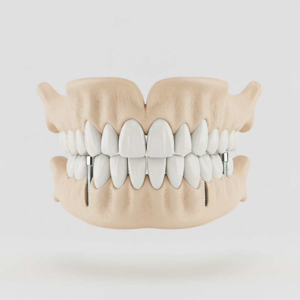 All-on-4 Dental Implants Cost in Canada demonstrates the four implants supporting a complete dental prosthesis.
