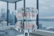 A high-definition, photorealistic image of a conceptual dental arch model, clearly showing four precisely placed dental implants anchoring a full set of teeth. The model is rendered with ultra-fine detail and sterile precision, set in a modern dental clinic environment. In the softly blurred background, a contemporary Canadian city skyline is visible under cinematic lighting. The image conveys advanced dental technology and the context of costs in Canada.
