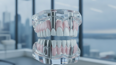 A high-definition, photorealistic image of a conceptual dental arch model, clearly showing four precisely placed dental implants anchoring a full set of teeth. The model is rendered with ultra-fine detail and sterile precision, set in a modern dental clinic environment. In the softly blurred background, a contemporary Canadian city skyline is visible under cinematic lighting. The image conveys advanced dental technology and the context of costs in Canada.