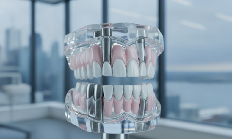 A high-definition, photorealistic image of a conceptual dental arch model, clearly showing four precisely placed dental implants anchoring a full set of teeth. The model is rendered with ultra-fine detail and sterile precision, set in a modern dental clinic environment. In the softly blurred background, a contemporary Canadian city skyline is visible under cinematic lighting. The image conveys advanced dental technology and the context of costs in Canada.