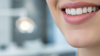 Close-up of a person's mouth showcasing a perfectly healthy, natural-looking smile with bright, aligned teeth. The background is a very blurred, softly lit, modern dental clinic interior.