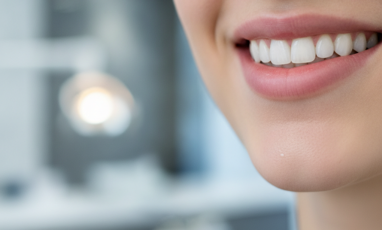 Close-up of a person's mouth showcasing a perfectly healthy, natural-looking smile with bright, aligned teeth. The background is a very blurred, softly lit, modern dental clinic interior.