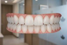 Close-up of a perfectly aligned, bright white, healthy smile in a clean, modern dental clinic environment. The background is softly blurred, emphasizing the flawless teeth and the professional setting of cosmetic dentistry.