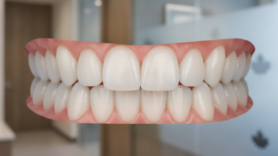 Close-up of a perfectly aligned, bright white, healthy smile in a clean, modern dental clinic environment. The background is softly blurred, emphasizing the flawless teeth and the professional setting of cosmetic dentistry.