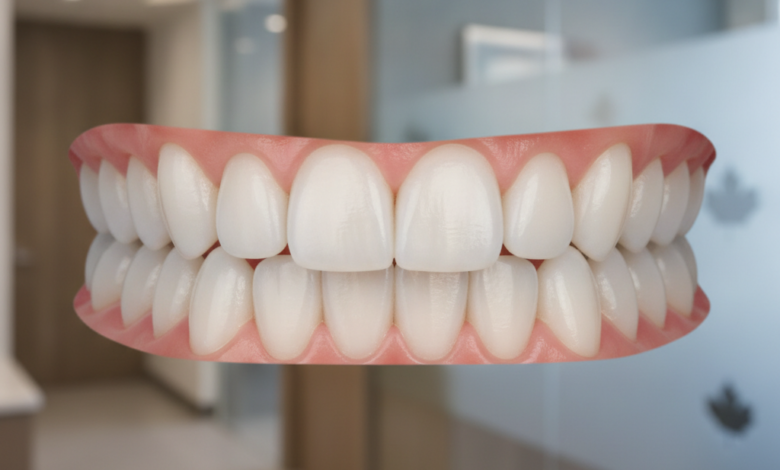 Close-up of a perfectly aligned, bright white, healthy smile in a clean, modern dental clinic environment. The background is softly blurred, emphasizing the flawless teeth and the professional setting of cosmetic dentistry.