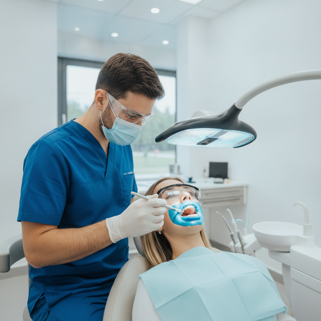 Teeth Whitening Cost in Canada. A dentist performs a professional whitening procedure for a brighter smile.